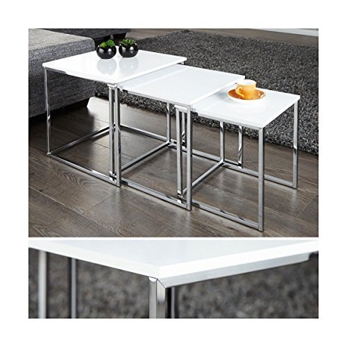 Designer Couchtisch Tisch Beistelltisch Zigon 3er Set Chrom in Weiß Hochglanz