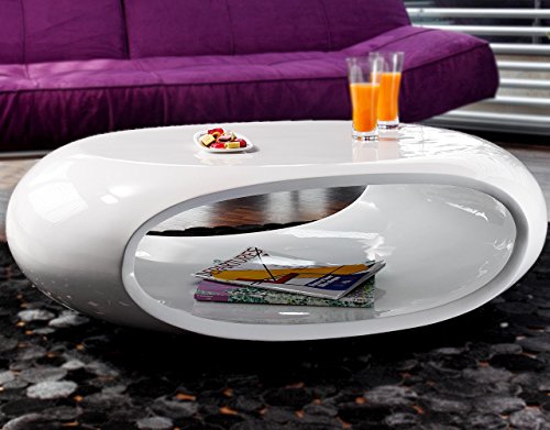 SalesFever Couch-Tisch Hochglanz weiß oval 100x70 cm aus Fiberglas | Ofu | Moderner Wohnzimmer-Tisch in Weiss mit…