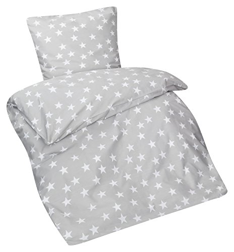 Aminata Kids Bettwäsche-Set Sterne grau 135 x 200 cm + 80 x 80 cm aus Baumwolle mit Reißverschluss, für Jungen, Mädchen…