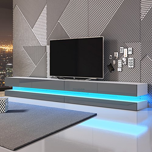 Hylia Double - TV Lowboard/TV Schrank/Hängeboard (280 cm Weiß Matt mit Hochglanzfronten in Grau, mit LEDs)