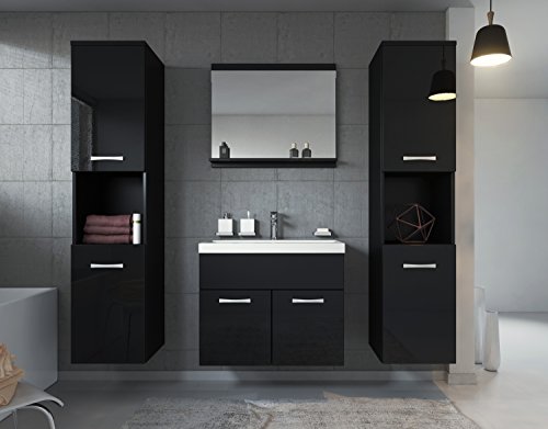Badezimmer Badmöbel Set Montreal XL 60 cm Waschbecken Schwarz Hochglanz Fronten - Unterschrank Hochschrank Waschtisch…