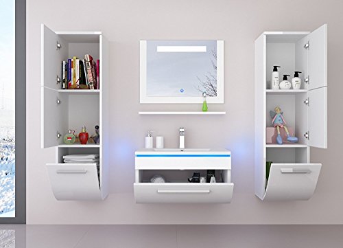 danny Badmöbelset 60 cm Weiss Vormontiert Badezimmermöbel Waschbeckenschrank mit Waschtisch Spiegel 2 Hochschränke mit…