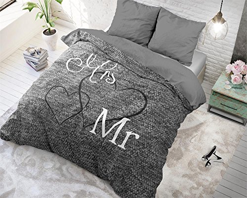 Sleeptime Partner Bettwäsche Mr. und Mrs. 200cm x 200cm 3teilig grau - weich & bügelfrei Bettbezüge mit Reißverschluss…