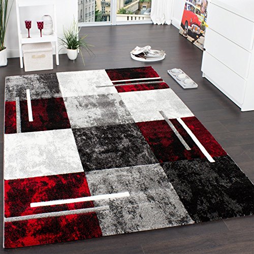 Paco Home Designer Teppich Modern mit Konturenschnitt Karo Muster Grau Schwarz Rot, Grösse:120x170 cm