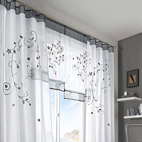 KOU-DECO Fenstervorhang hochwertige transparente Voile Kräuselband Gardinen mit Stickerei, 1er Pack (140x245cm, grau)