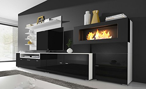 Home innovation- Wohnmöbel mit elektrischem Kamin mit 5 Flammenstufen, Oberfläche weiß Mate und schwarz lackiert, Maße…
