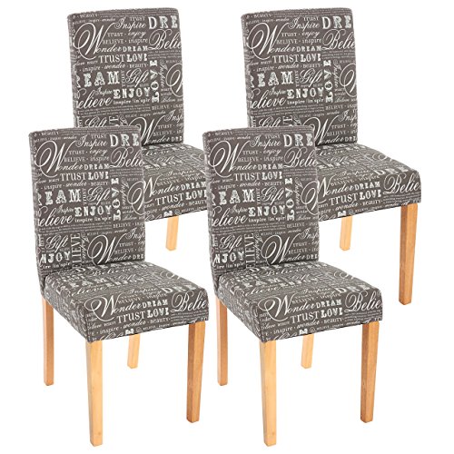 Mendler 4er-Set Esszimmerstuhl Stuhl Küchenstuhl Littau - Textil mit Schriftzug, grau, helle Beine