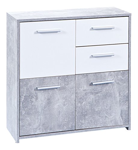 Sideboard mit drei Türen und zwei Schubladen, weiß und betonfarben, Maße 77 x 77 x 30 cm