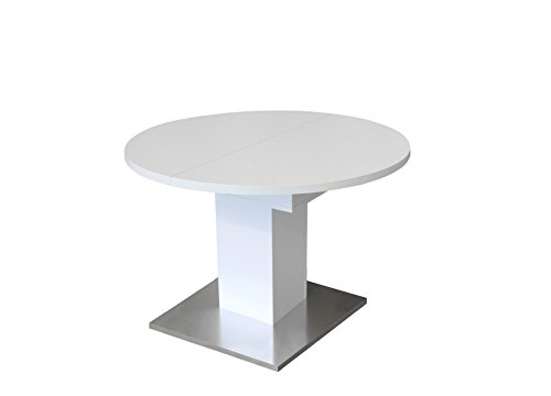 Mäusbacher 0588/104 Tisch rund Weiss matt/Edelstahloptik Esszimmertisch Küchentisch Speisezimmer ausziehbar auf 144 cm