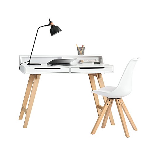 [en.casa] Retro Schreibtisch (85x110x60cm) Weiß matt lackiert Schublade mit Stuhl Weiß