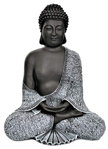 Tiefes Kunsthandwerk Buddha Figur aus Stein sitzend - Schwarz, Statue frostsicher und wetterbeständig für Garten und…