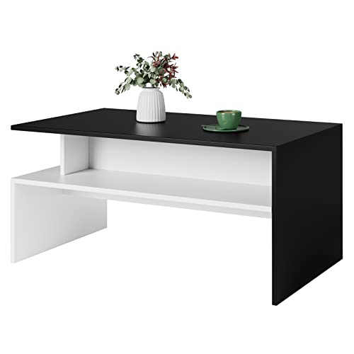Couchtisch Wohnzimmertisch Konsolentische Rechteckiger Beistelltisch Moderner Holztisch mit offenem Ablagefach für Wohnzimmer Büro Schwarz Weiß 90x50x43cm